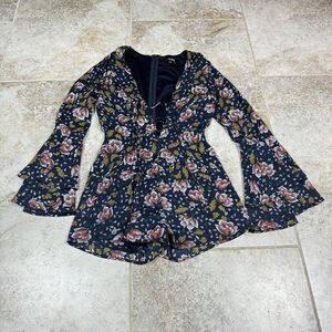 Lulus Romper Womens Small Navy Blue Floral Long Bell Sleeve Lace-Up V-Neck